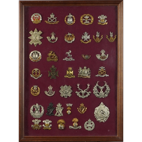 2411 - Military interest cap badges arranged in a glazed display including Argyll & Sutherland, Royal Dubli... 