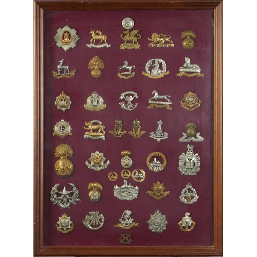 2413 - Military interest cap badges arranged in a glazed display including The Royal Sussex Regiment, Cornw... 