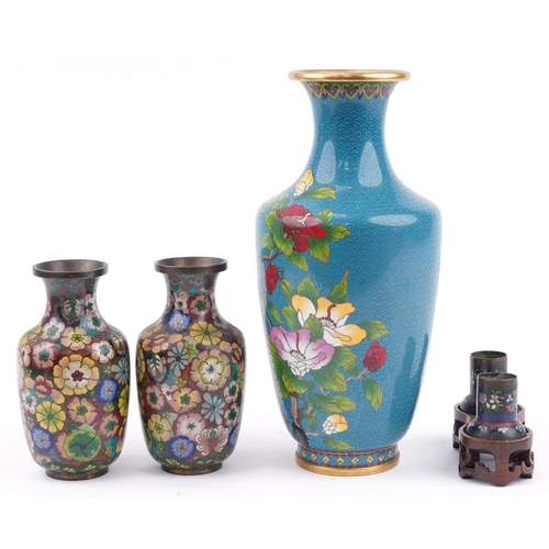 484 - Chinese cloisonne including a large vase enamelled with a bird amongst flowers and a pair enamelled ... 