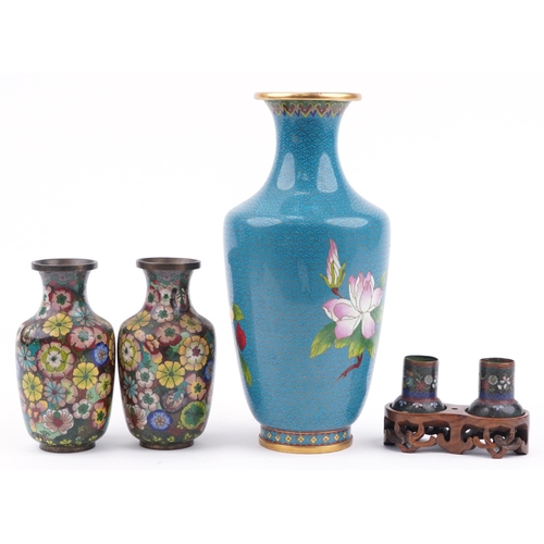 484 - Chinese cloisonne including a large vase enamelled with a bird amongst flowers and a pair enamelled ... 