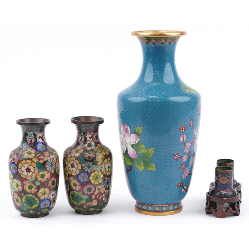 484 - Chinese cloisonne including a large vase enamelled with a bird amongst flowers and a pair enamelled ... 