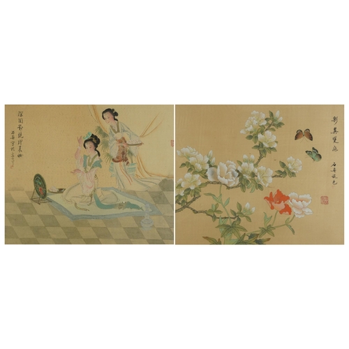 310 - Two Geishas and butterflies amongst flowers, two Chinese watercolours on silk, signed with calligrap... 