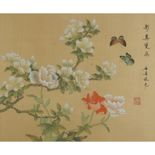 310 - Two Geishas and butterflies amongst flowers, two Chinese watercolours on silk, signed with calligrap... 