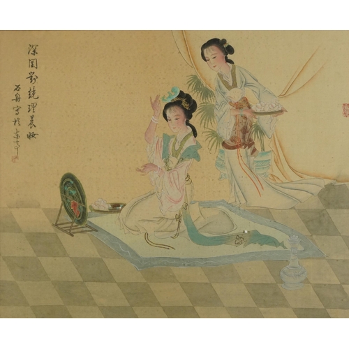 310 - Two Geishas and butterflies amongst flowers, two Chinese watercolours on silk, signed with calligrap... 