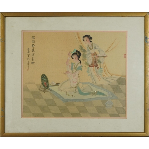 310 - Two Geishas and butterflies amongst flowers, two Chinese watercolours on silk, signed with calligrap... 