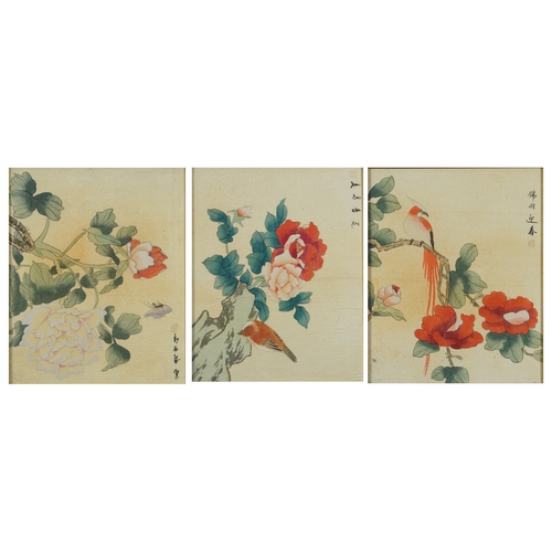 2372 - Birds and butterfly amongst flowers, set of three Chinese watercolours on silk signed with calligrap... 