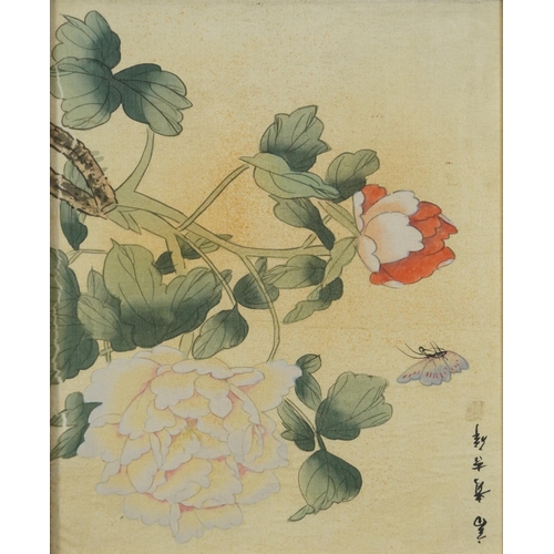 2372 - Birds and butterfly amongst flowers, set of three Chinese watercolours on silk signed with calligrap... 