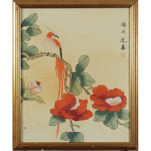 2372 - Birds and butterfly amongst flowers, set of three Chinese watercolours on silk signed with calligrap... 