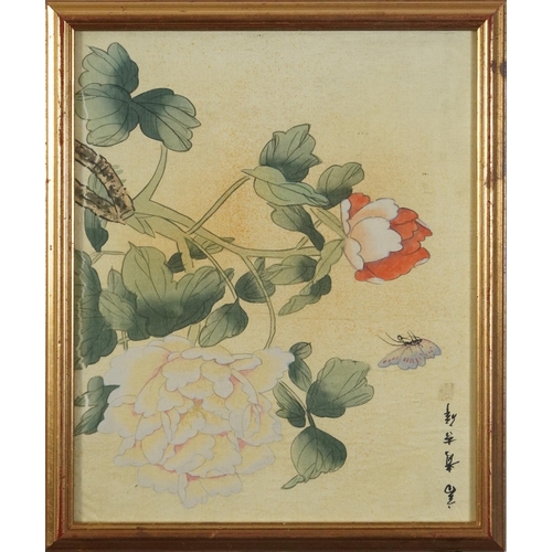 2372 - Birds and butterfly amongst flowers, set of three Chinese watercolours on silk signed with calligrap... 