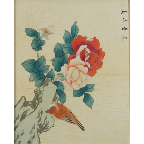 2372 - Birds and butterfly amongst flowers, set of three Chinese watercolours on silk signed with calligrap... 