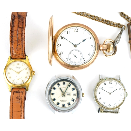 3958 - Three vintage gentlemen's wristwatches and a gold plated full hunter pocket watch comprising Everite... 