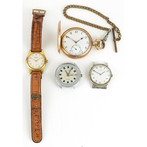 3958 - Three vintage gentlemen's wristwatches and a gold plated full hunter pocket watch comprising Everite... 