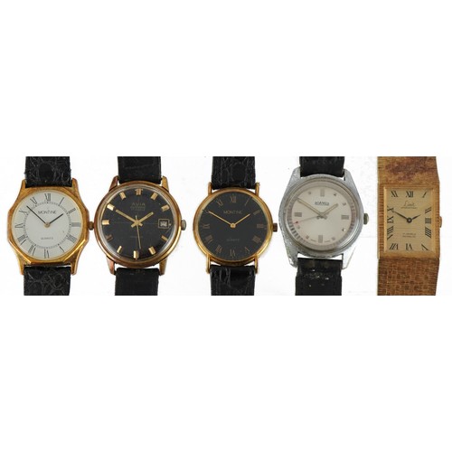 3959 - Five vintage and later gentlemen's wristwatches comprising Avia Olympic with date aperture, Roamer, ... 