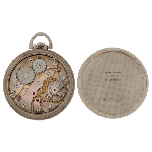 3931 - Art Deco gentlemen's stainless steel open face pocket watch, 45mm in diameter