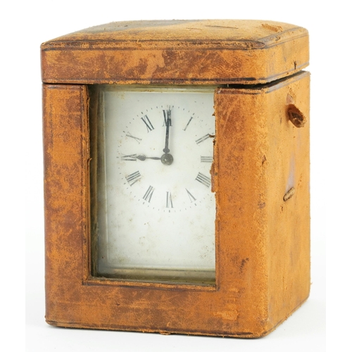 360 - Richard & Co, 19th century French brass cased carriage clock with velvet lined leather travel case a... 