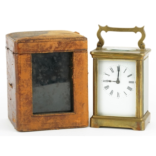 360 - Richard & Co, 19th century French brass cased carriage clock with velvet lined leather travel case a... 