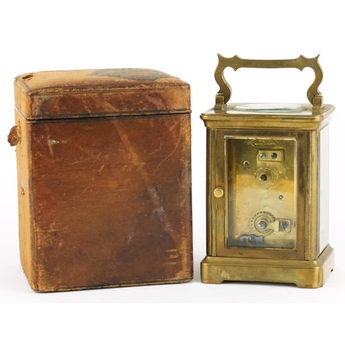 360 - Richard & Co, 19th century French brass cased carriage clock with velvet lined leather travel case a... 