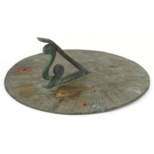 293 - Antique verdigris patinated metal sundial, 20cm in diameter