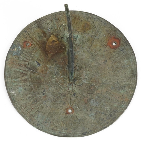 293 - Antique verdigris patinated metal sundial, 20cm in diameter