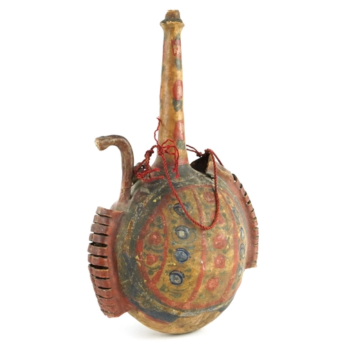 159 - Antique Islamic hand painted vellum water flask, 36cm high