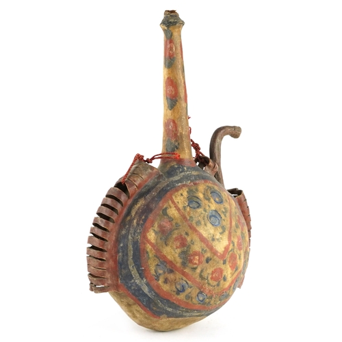 159 - Antique Islamic hand painted vellum water flask, 36cm high