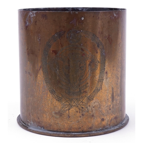 2447 - Large military interest World War I shell case engraved with a rams head, inscribed 4th Division, da... 