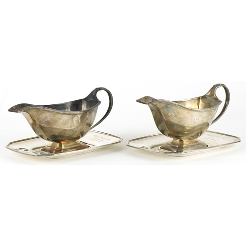 332 - Alexander Clark & Co Ltd, pair of Art Deco silver sauceboats on stands, Birmingham 1937/38, 18.5cm i... 