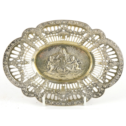 401A - Continental 800 grade oval silver pierced bonbon dish embossed with Putti, swags and flowers, 16.5cm... 