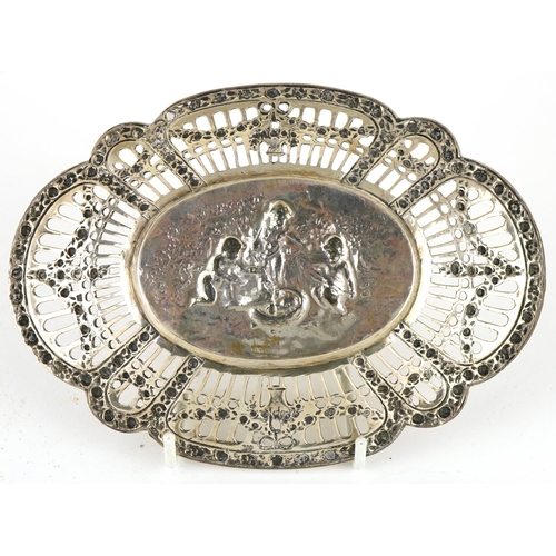 401A - Continental 800 grade oval silver pierced bonbon dish embossed with Putti, swags and flowers, 16.5cm... 