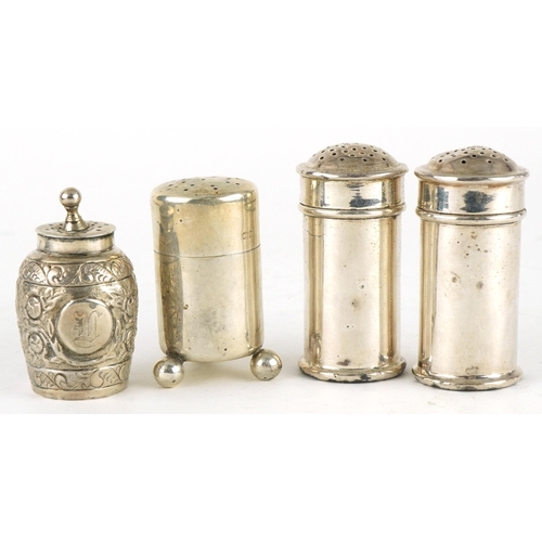 308 - Four Victorian and later silver casters including a pair by Atkin Brothers, the largest 6cm high, to... 