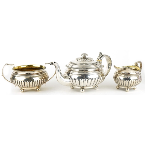 121 - William & Patrick Cunningham, George III Scottish silver three piece demi fluted tea service with gi... 