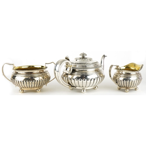 121 - William & Patrick Cunningham, George III Scottish silver three piece demi fluted tea service with gi... 