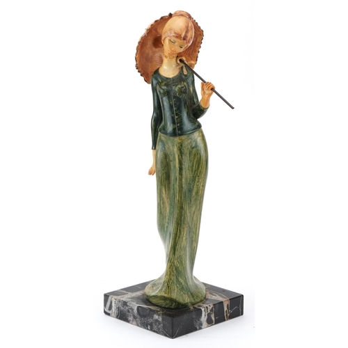 2370 - Vintage Italian figurine of a female holding a parasol raised on a square marble base, 29cm high