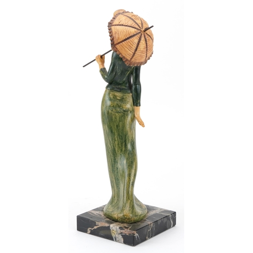 2370 - Vintage Italian figurine of a female holding a parasol raised on a square marble base, 29cm high