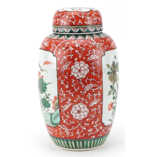 531 - Chinese porcelain iron red ground ginger jar with cover hand painted in the famille verte palette wi... 