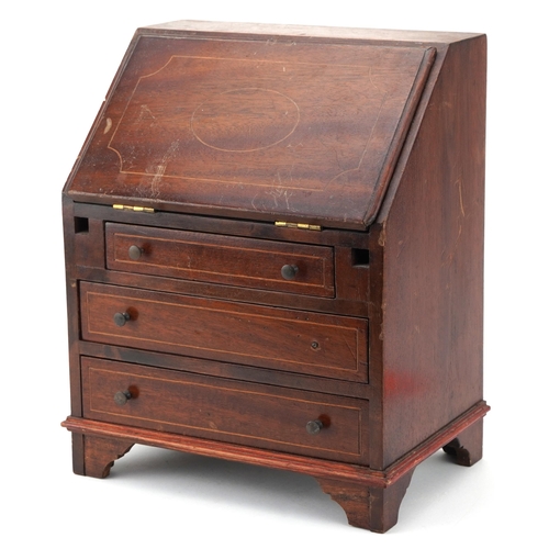 353 - Early 20th century inlaid mahogany apprentice bureau with fall above three drawers, 30cm H x 24cm W ... 