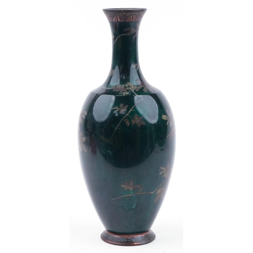 115 - Large Japanese green ground cloisonne vase enamelled with a bird amongst wisteria, 44cm high