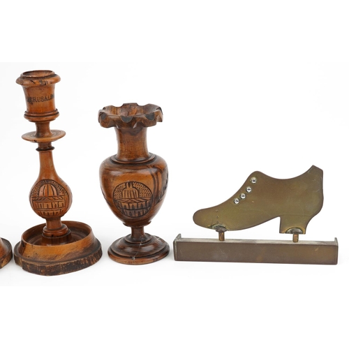 2443 - Military interest metal and woodenware, some trench art, including a pickelhaube design matchbox cas... 