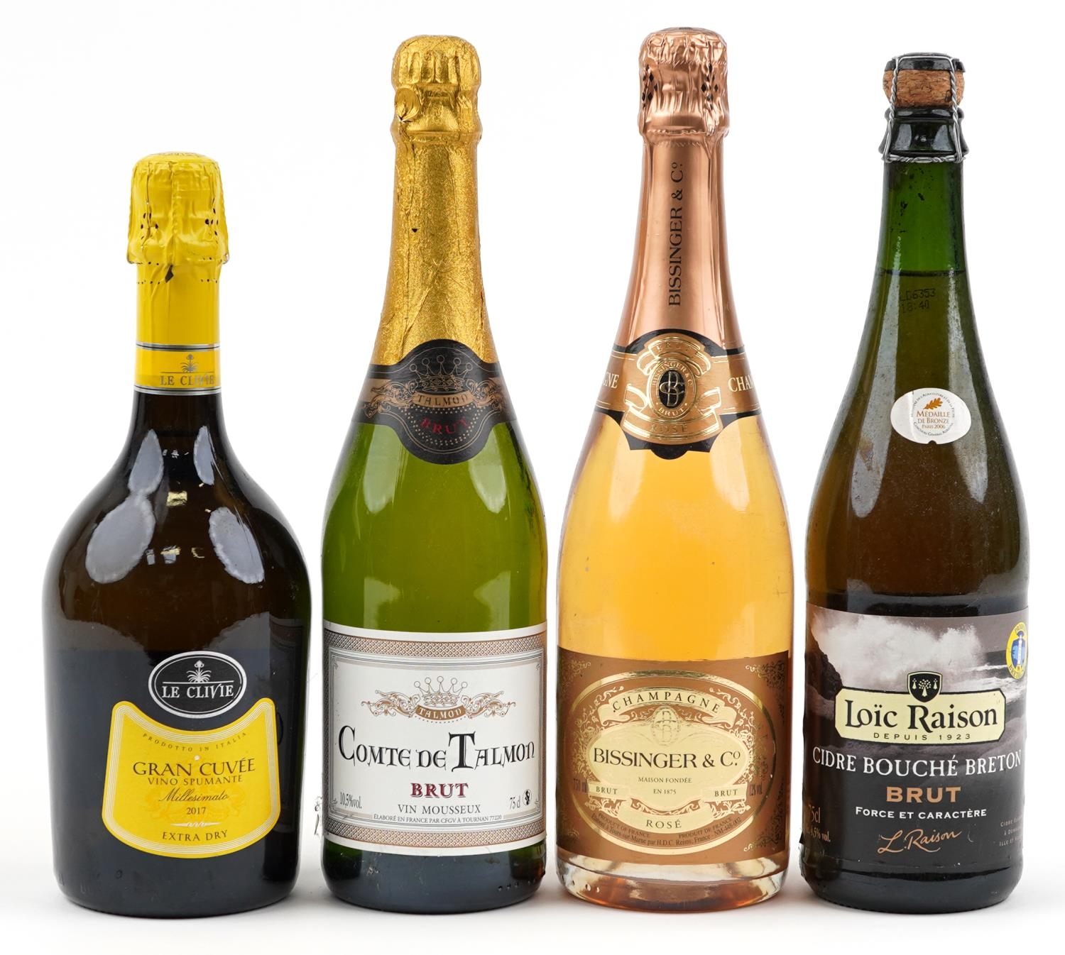 Four bottles of alcohol including Bissinger & Co Rose and Comte de Talmon  Champagne