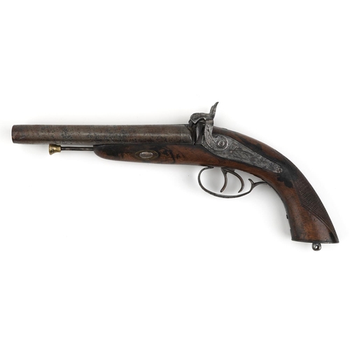 2510 - 19th century percussion cap double barrel pistol with engraved lock plate, 36cm in length