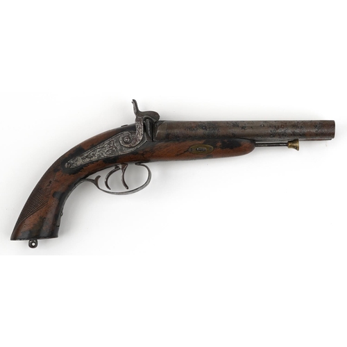 2510 - 19th century percussion cap double barrel pistol with engraved lock plate, 36cm in length