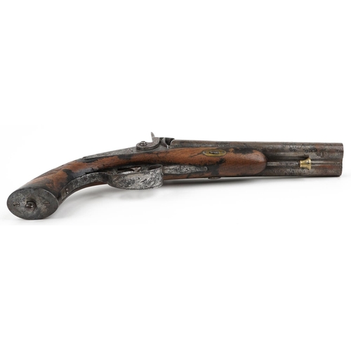 2510 - 19th century percussion cap double barrel pistol with engraved lock plate, 36cm in length