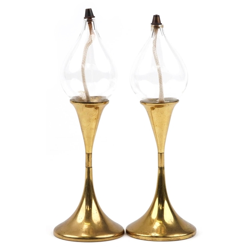 222 - Pair Freddie Andersen design West German brass and glass oil lamps, each 24cm high