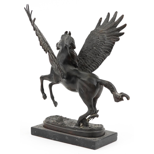 208 - Classical patinated bronze sculpture of Pegasus raised on a rectangular black marble base, 30.5cm wi... 