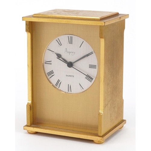 136 - Brass mantle clock retailed by Asprey having circular silvered dial with Roman numerals, 12cm high