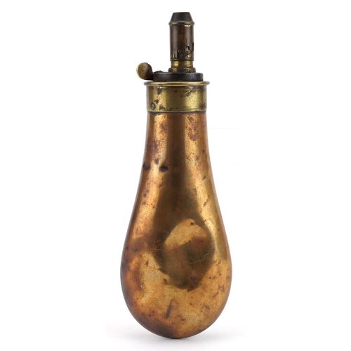 2474 - 19th century copper and brass powder flask, 19.5cm high