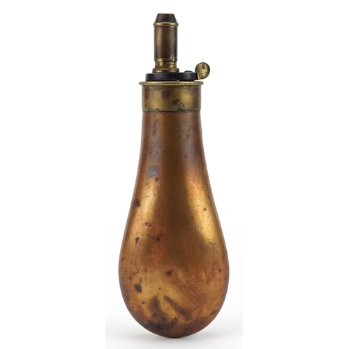 2474 - 19th century copper and brass powder flask, 19.5cm high