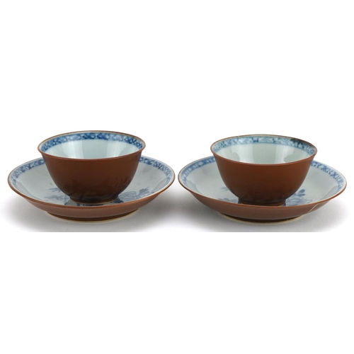 110 - Pair of Chinese Batavia brown porcelain tea bowls with saucers from the Nanking cargo, three with Ch... 