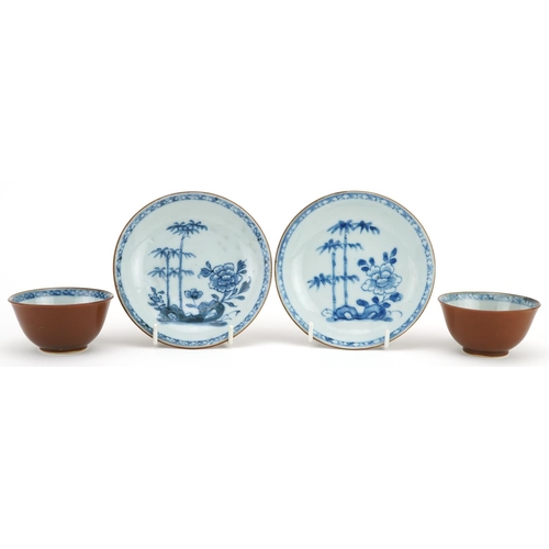 110 - Pair of Chinese Batavia brown porcelain tea bowls with saucers from the Nanking cargo, three with Ch... 