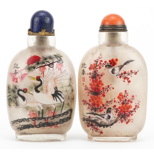 2316 - Two Chinese glass snuff bottles with stoppers hand painted with animals amongst flowers, each with c... 